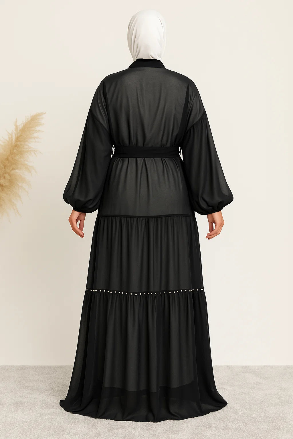 Pearl-Trimmed Tiered Abaya – Black