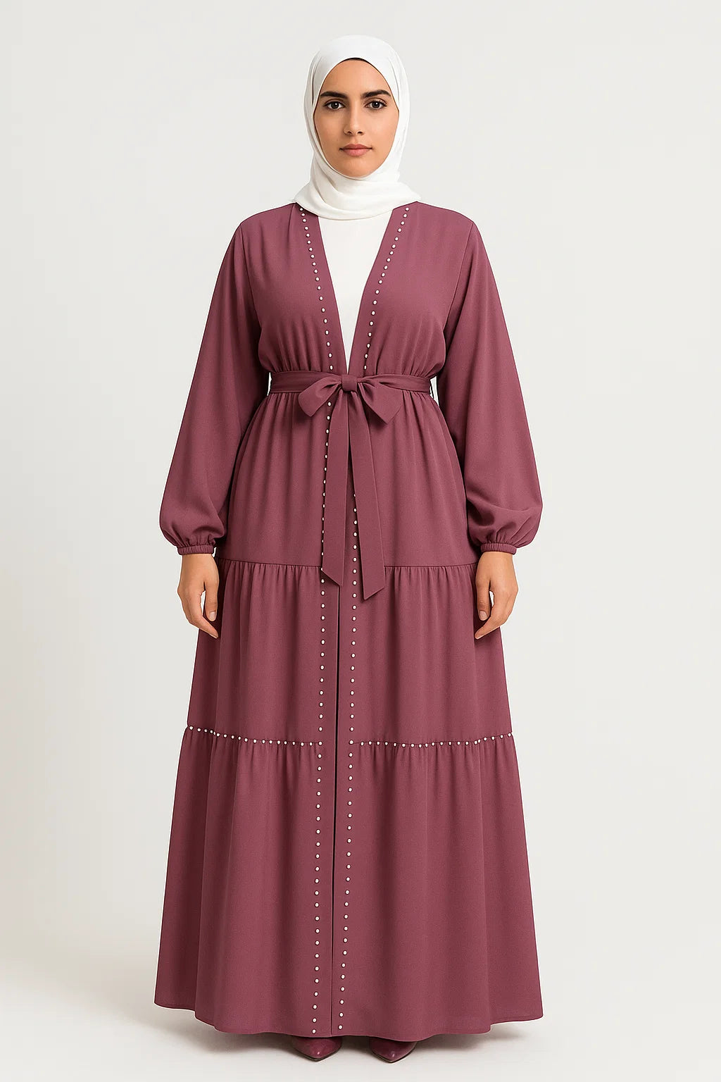 Pearl-Trimmed Tiered Abaya – Plum