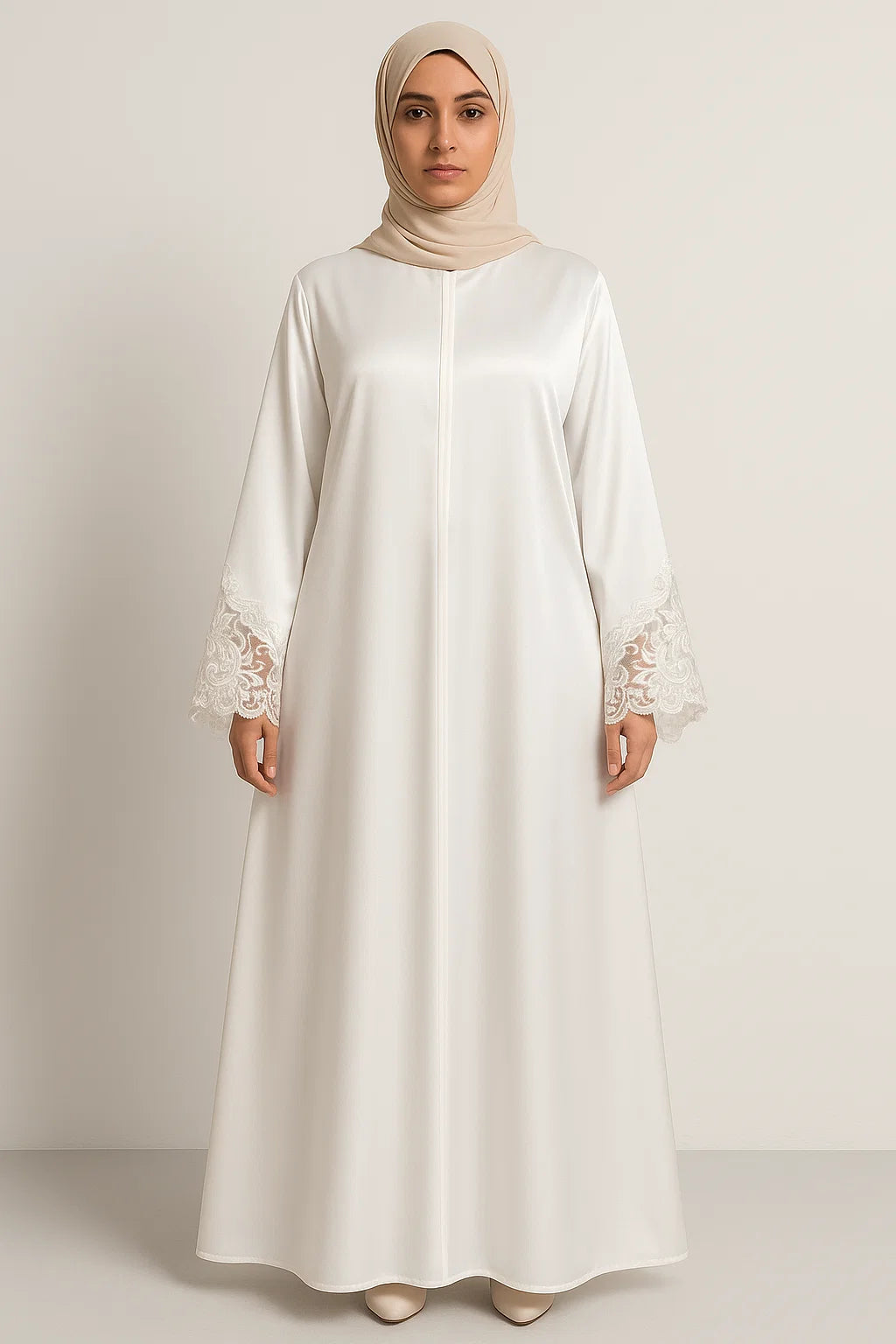 Embroidered Cuff Satin Abaya – White