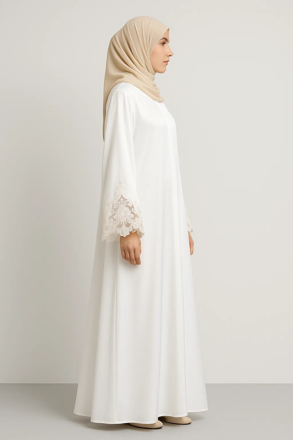 Embroidered Cuff Satin Abaya – White