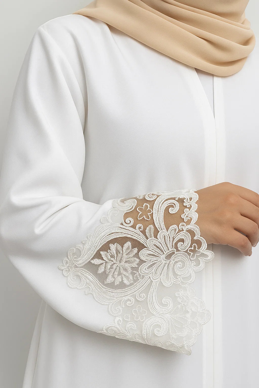 Embroidered Cuff Satin Abaya – White