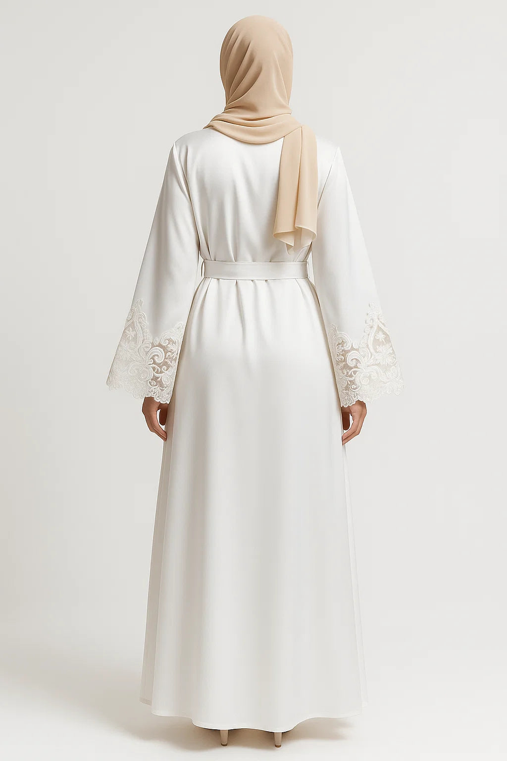 Embroidered Cuff Satin Abaya – White
