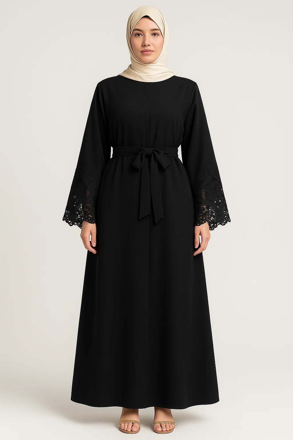 Embroidered Cuff Satin Abaya – Black