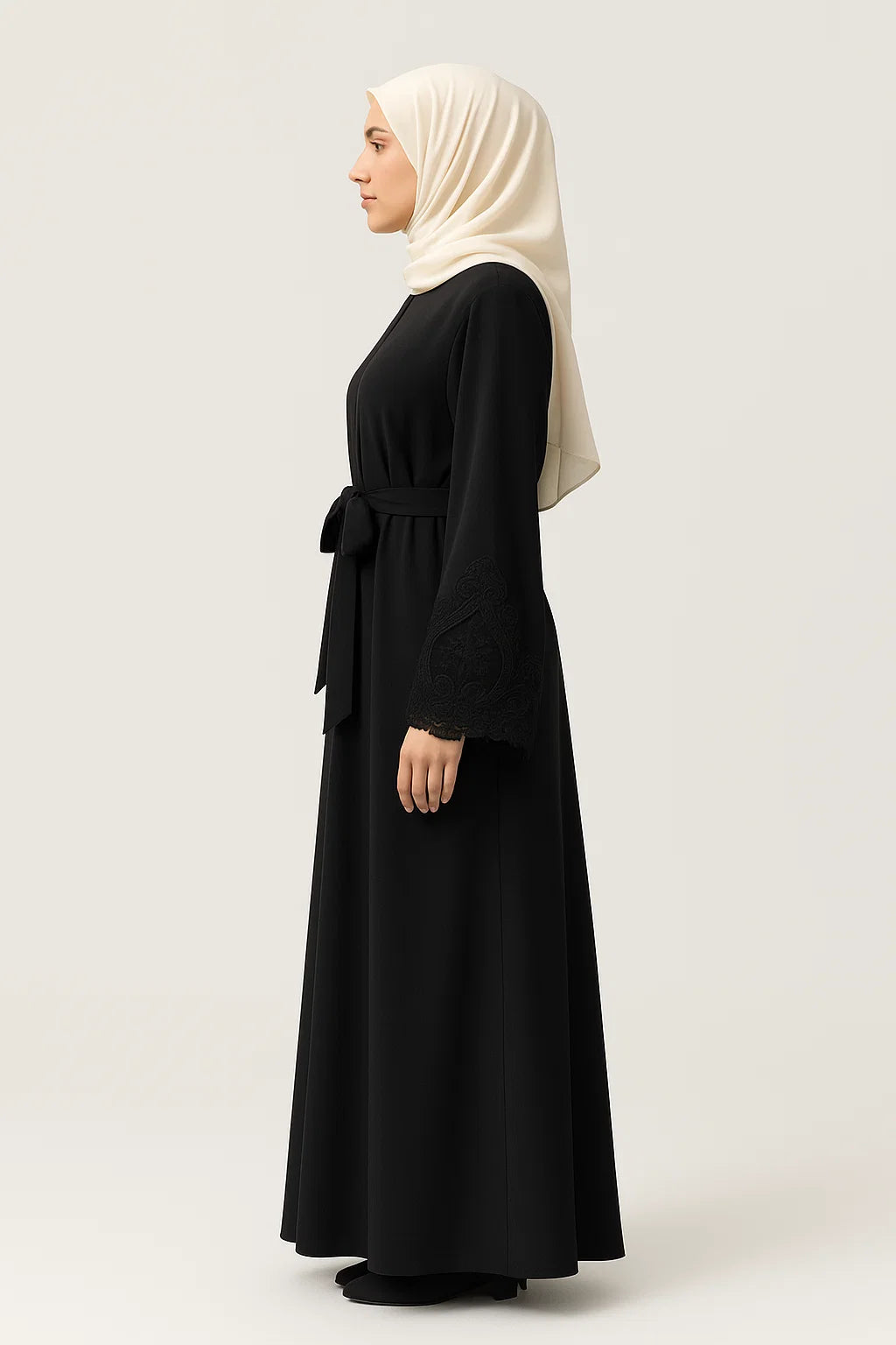 Embroidered Cuff Satin Abaya – Black