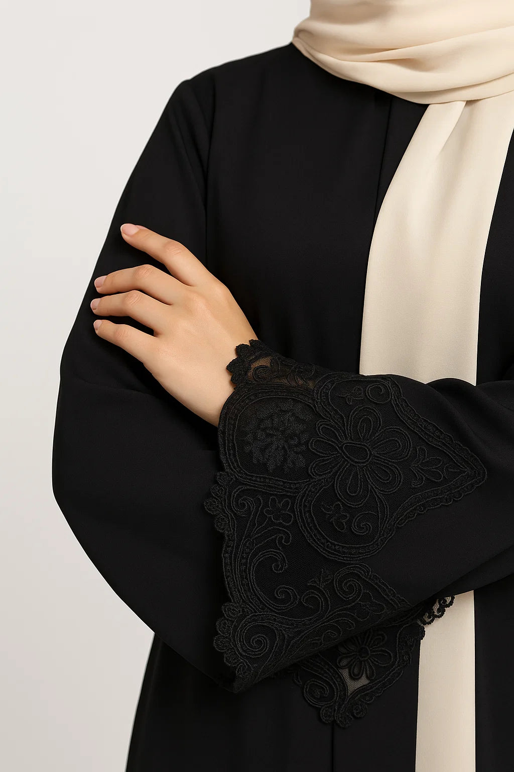 Embroidered Cuff Satin Abaya – Black