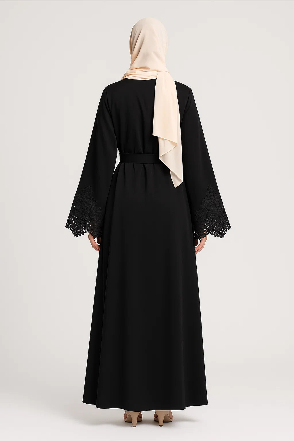 Embroidered Cuff Satin Abaya – Black