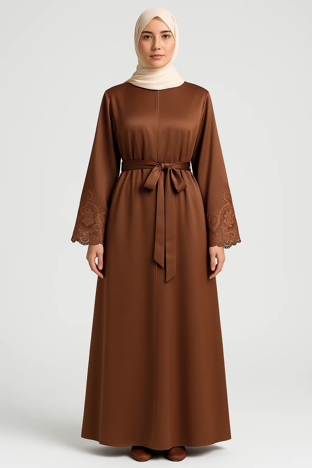 Embroidered Cuff Satin Abaya – Brown
