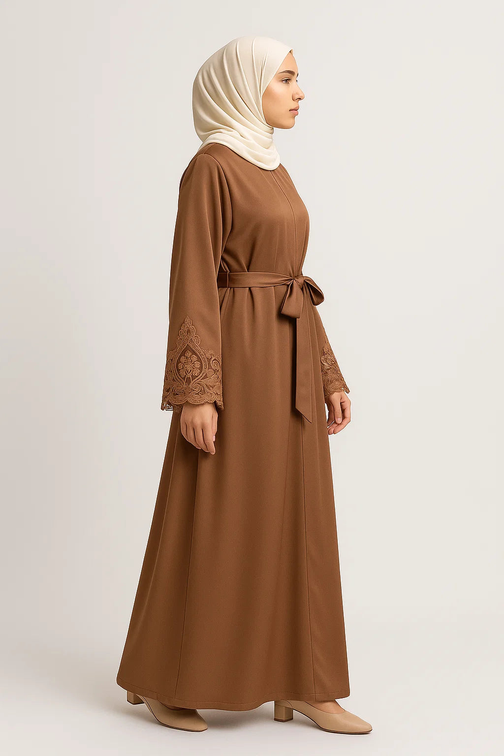 Embroidered Cuff Satin Abaya – Brown