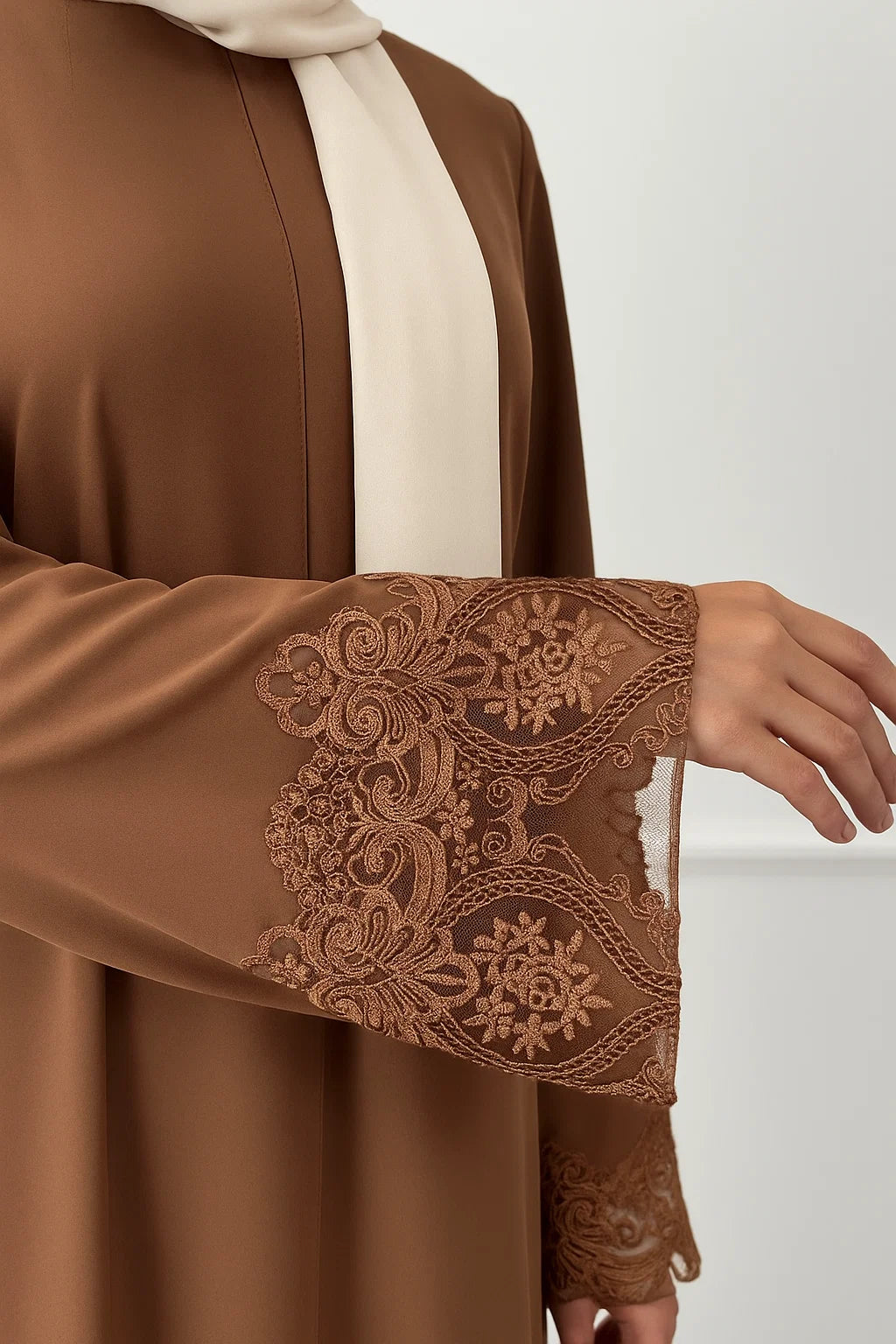 Embroidered Cuff Satin Abaya – Brown