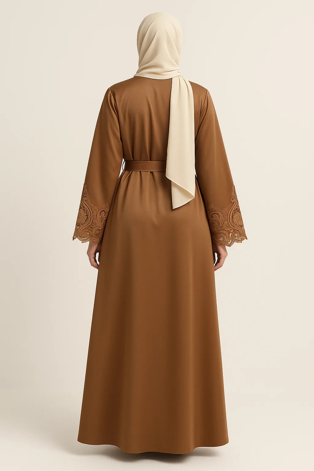 Embroidered Cuff Satin Abaya – Brown
