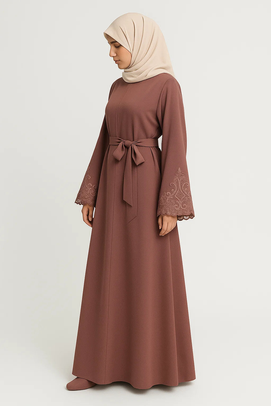 Embroidered Cuff Satin Abaya – Rosewood