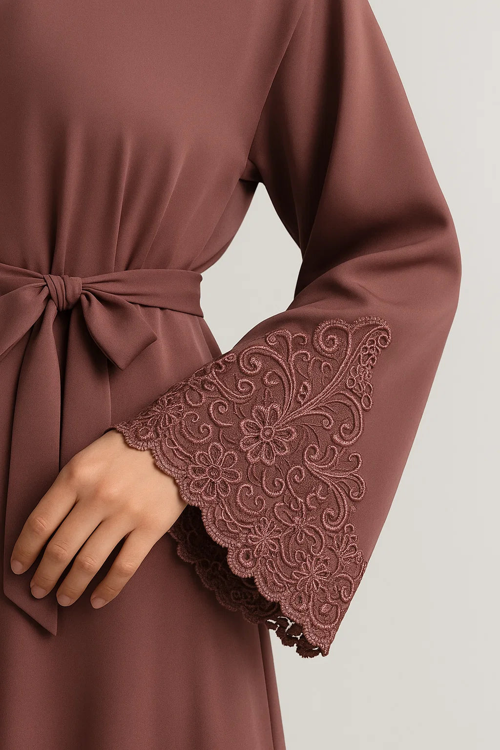 Embroidered Cuff Satin Abaya – Rosewood