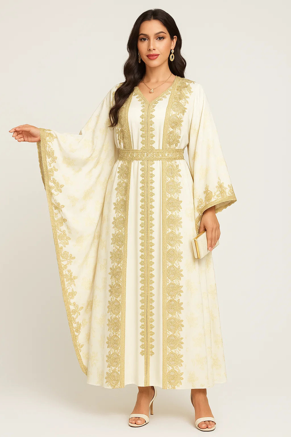 Gold Embroidered Kimono Abaya – White & Gold