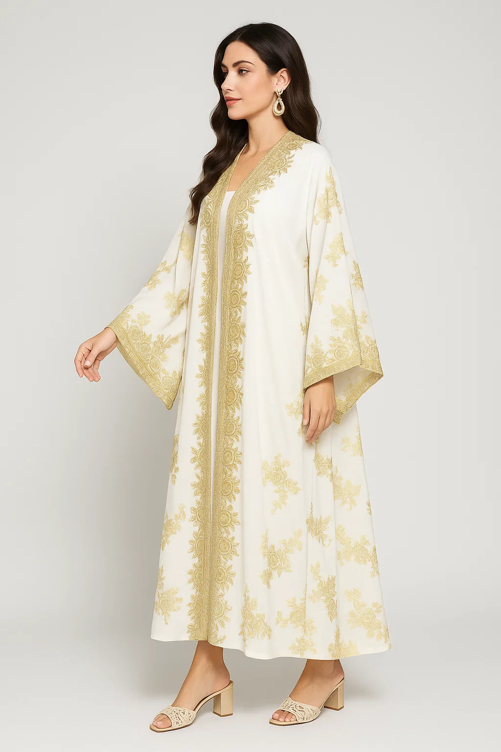 Gold Embroidered Kimono Abaya – White & Gold