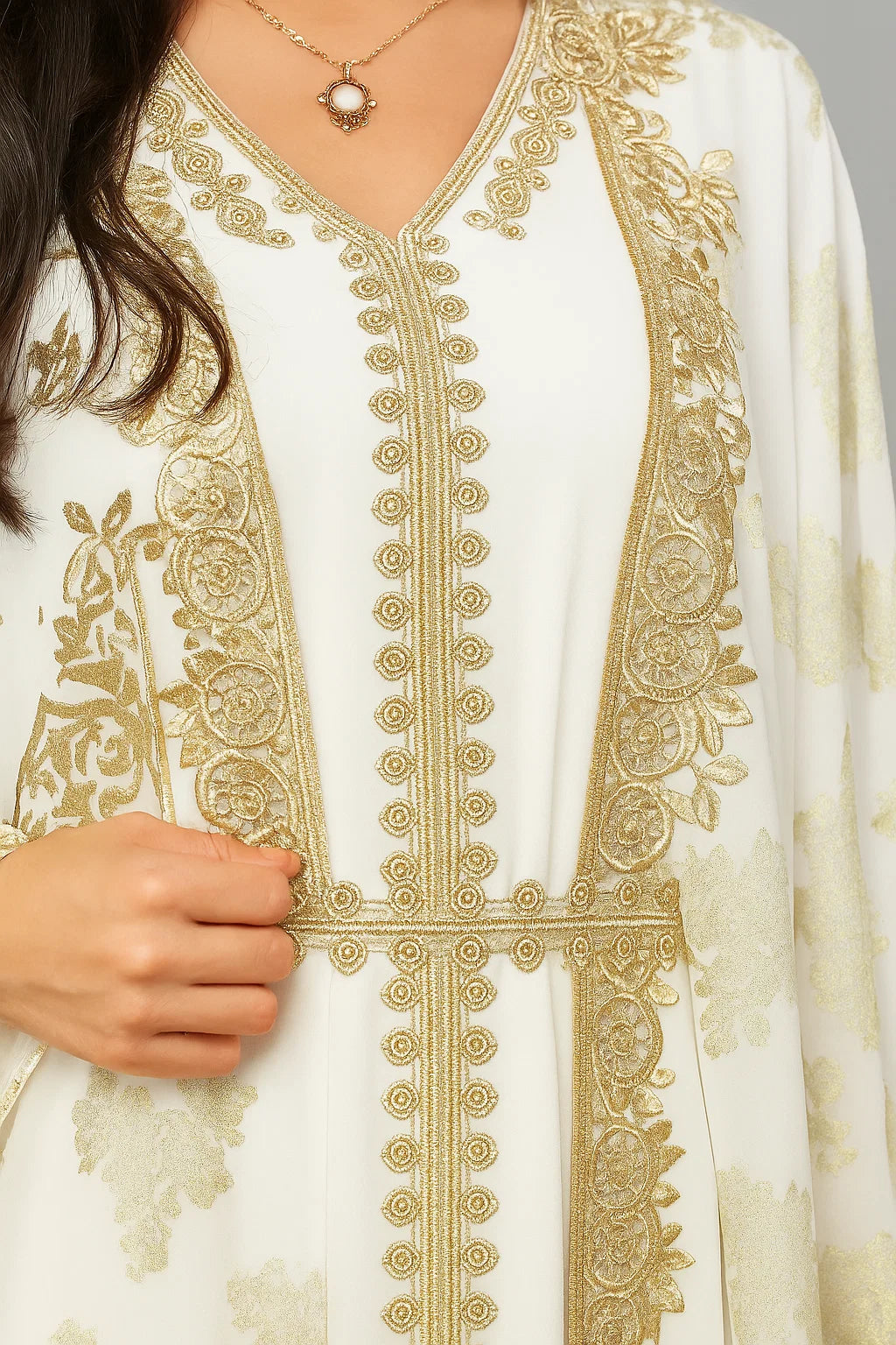 Gold Embroidered Kimono Abaya – White & Gold
