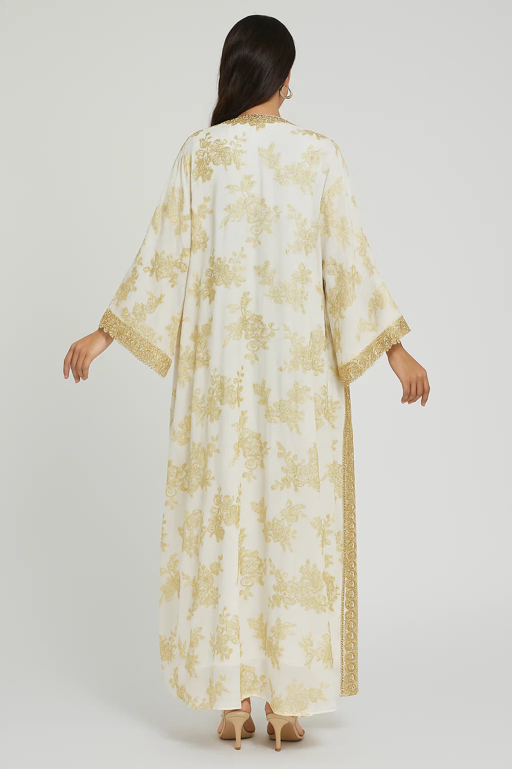 Gold Embroidered Kimono Abaya – White & Gold