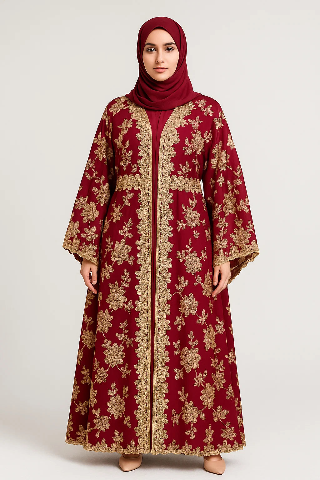 Red Embroidered Kimono Abaya – Deep Red & Gold