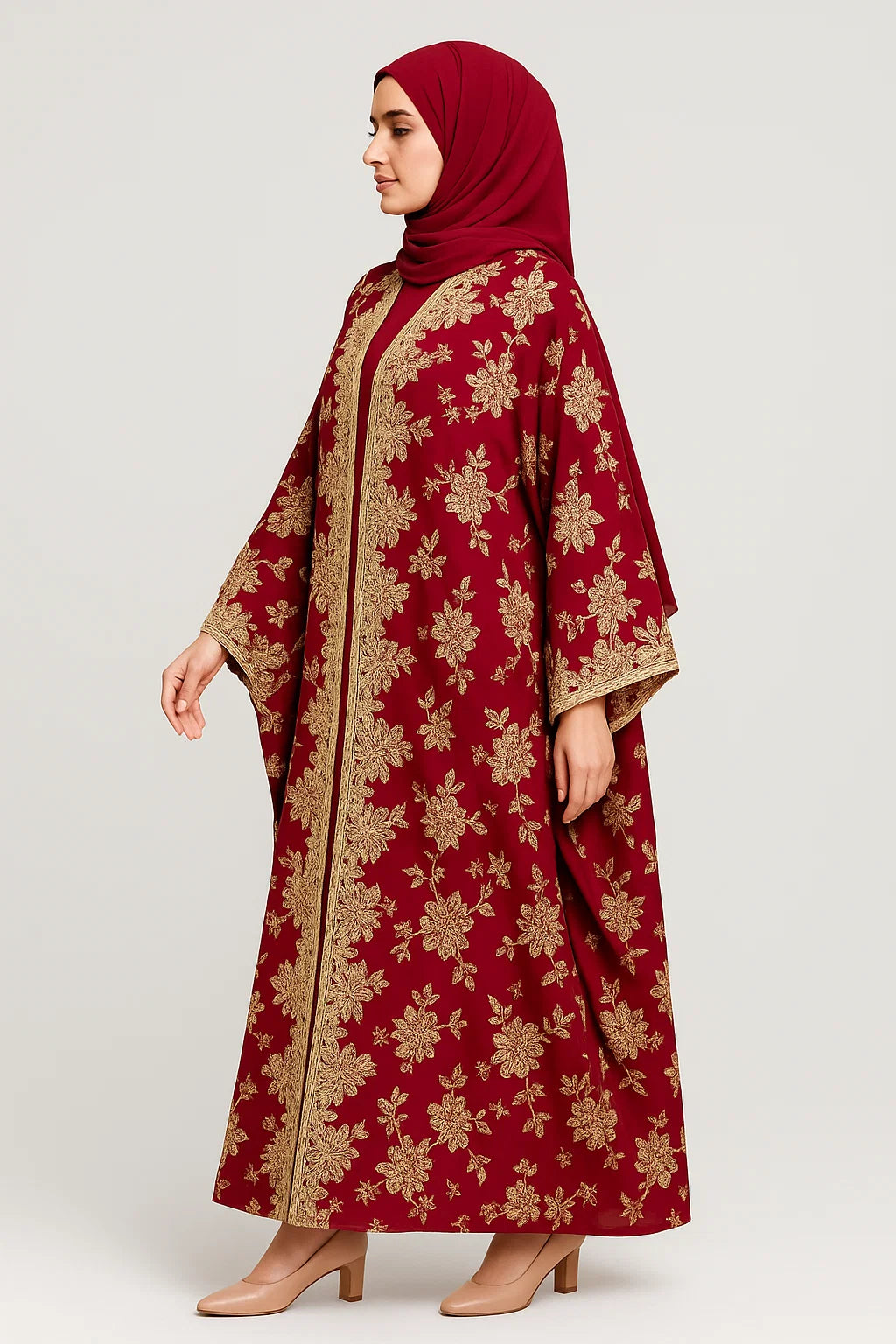Red Embroidered Kimono Abaya – Deep Red & Gold