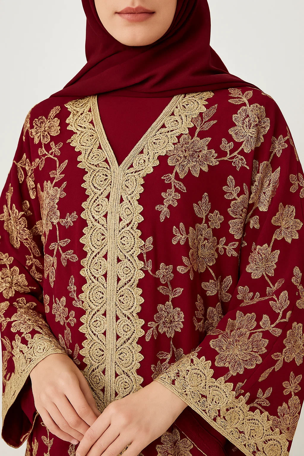 Red Embroidered Kimono Abaya – Deep Red & Gold