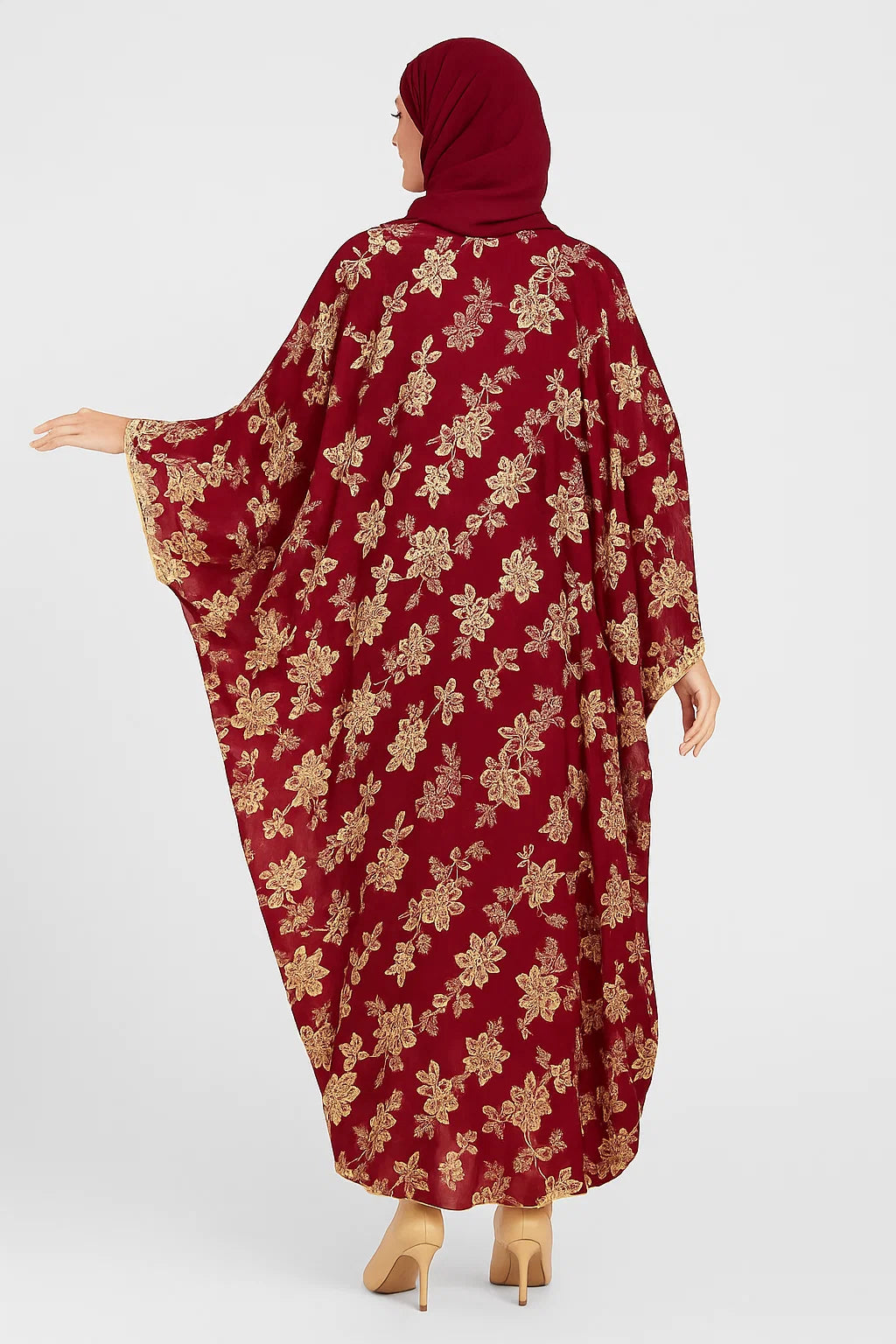 Red Embroidered Kimono Abaya – Deep Red & Gold