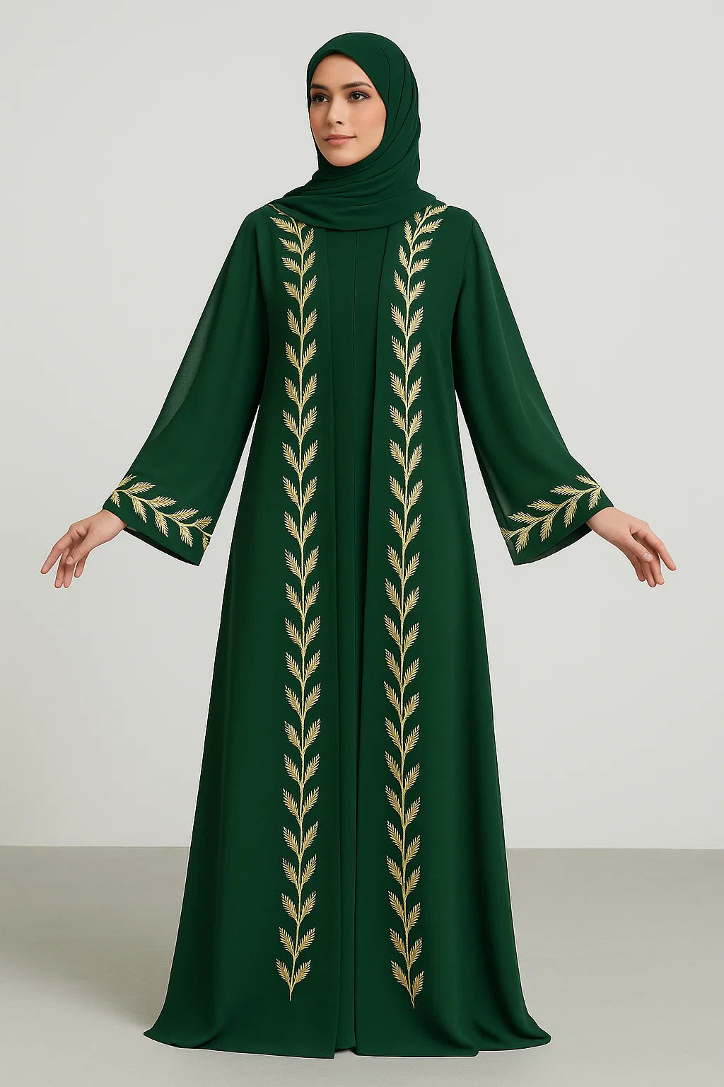Leaf-Embroidered Chiffon Abaya – Emerald
