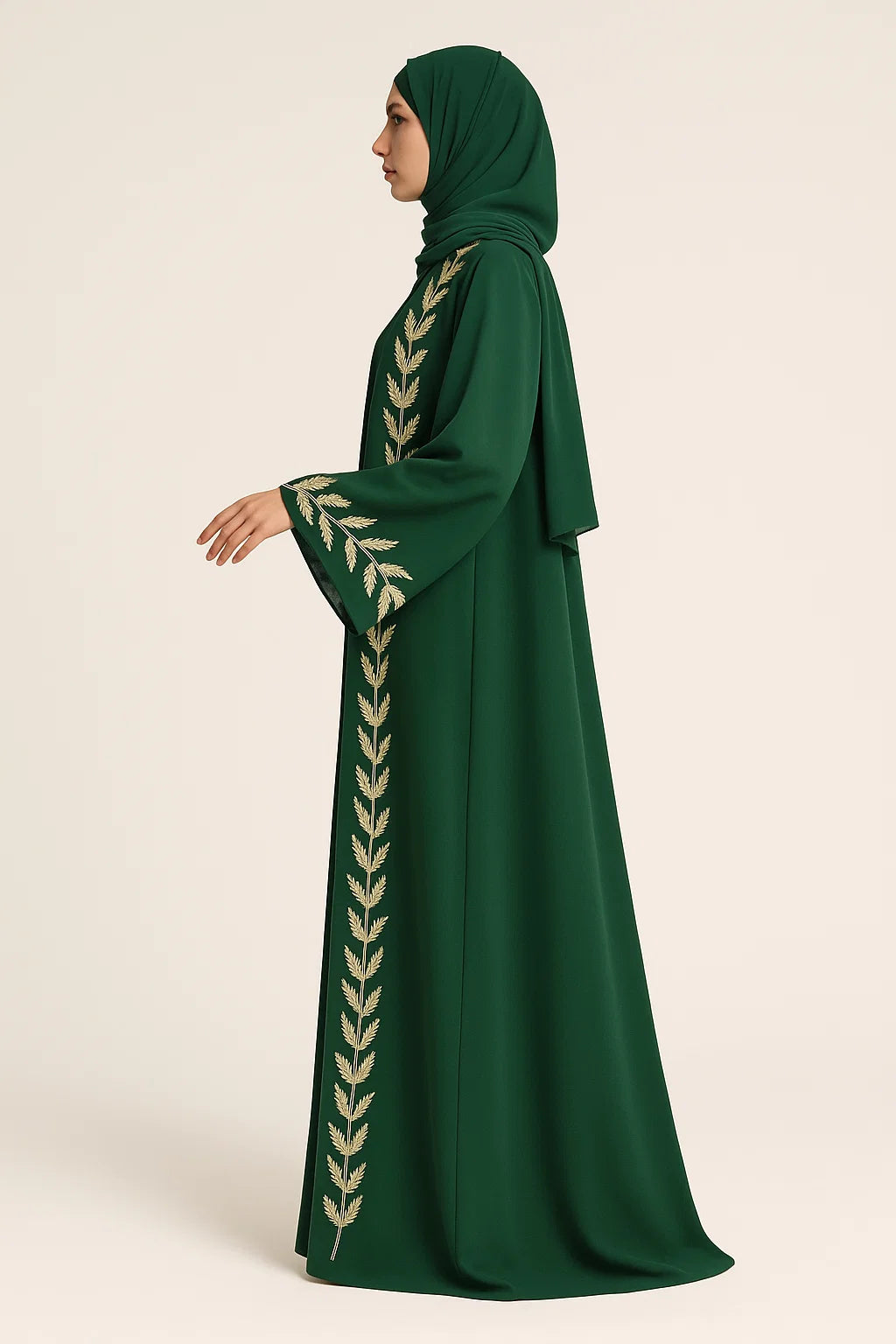 Leaf-Embroidered Chiffon Abaya – Emerald