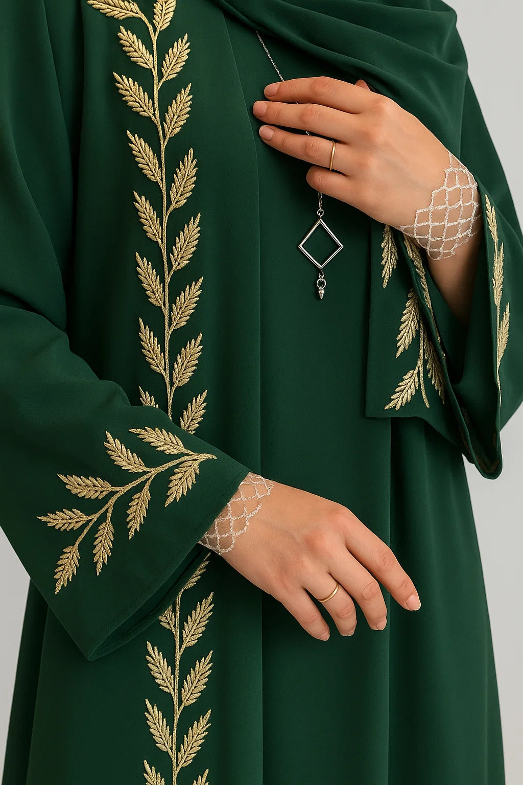 Leaf-Embroidered Chiffon Abaya – Emerald