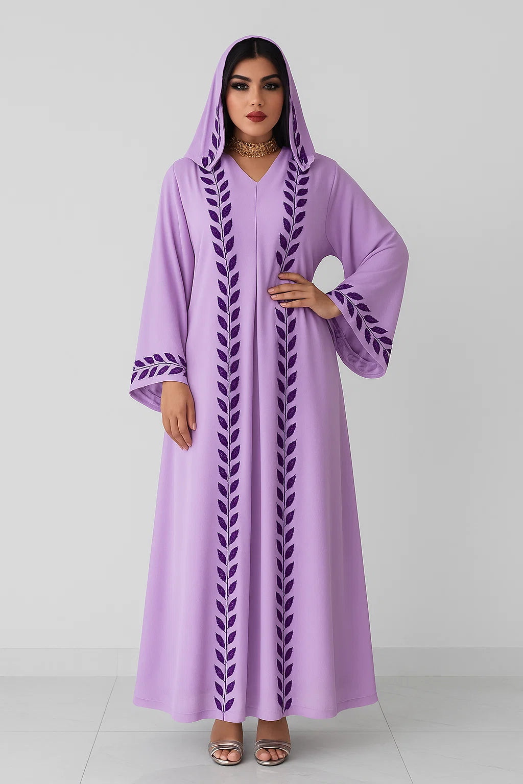 Leaf-Embroidered Chiffon Abaya – Lilac