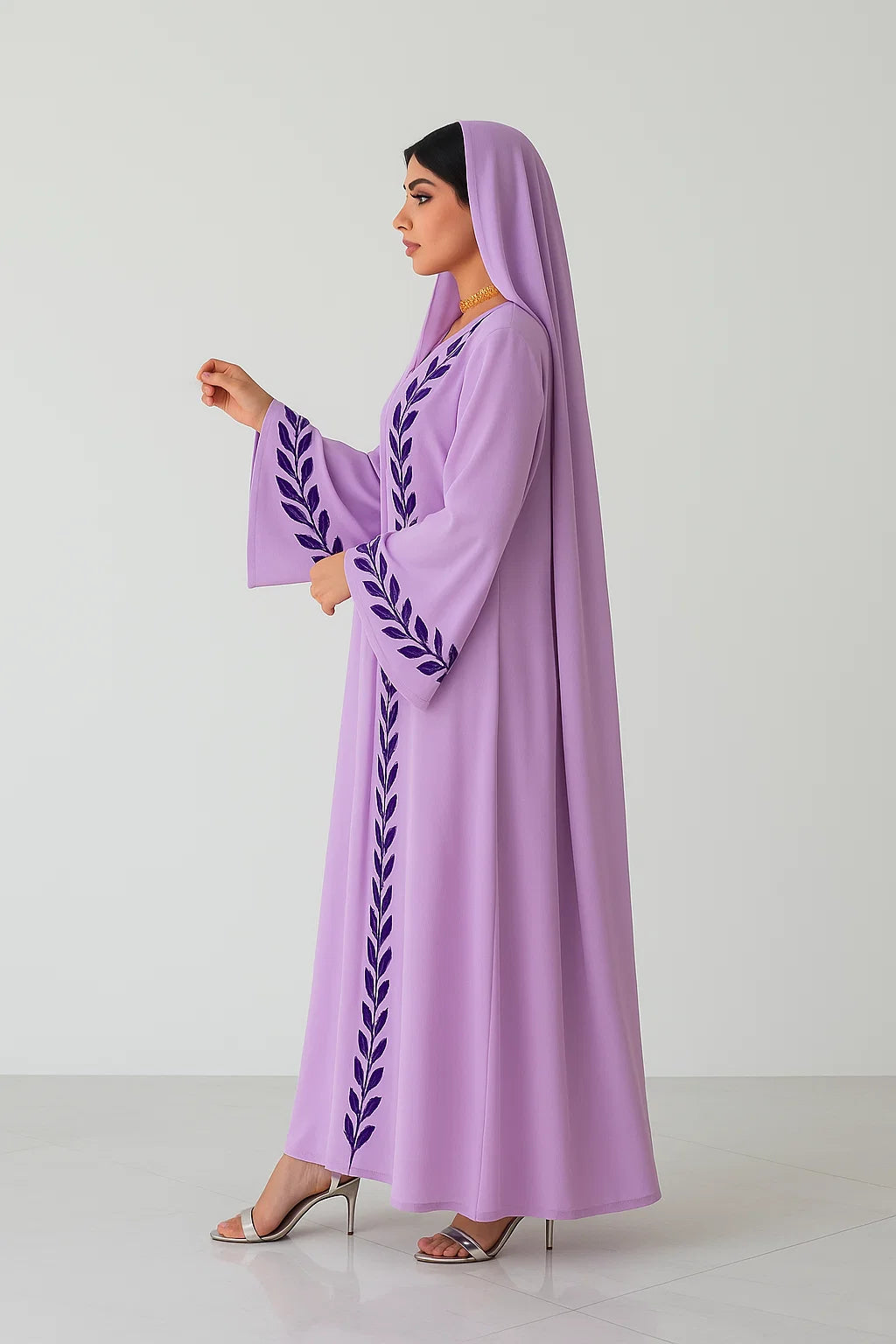 Leaf-Embroidered Chiffon Abaya – Lilac