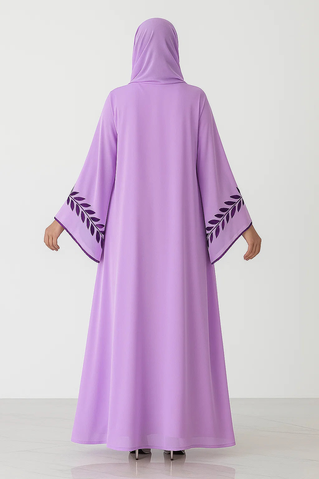 Leaf-Embroidered Chiffon Abaya – Lilac