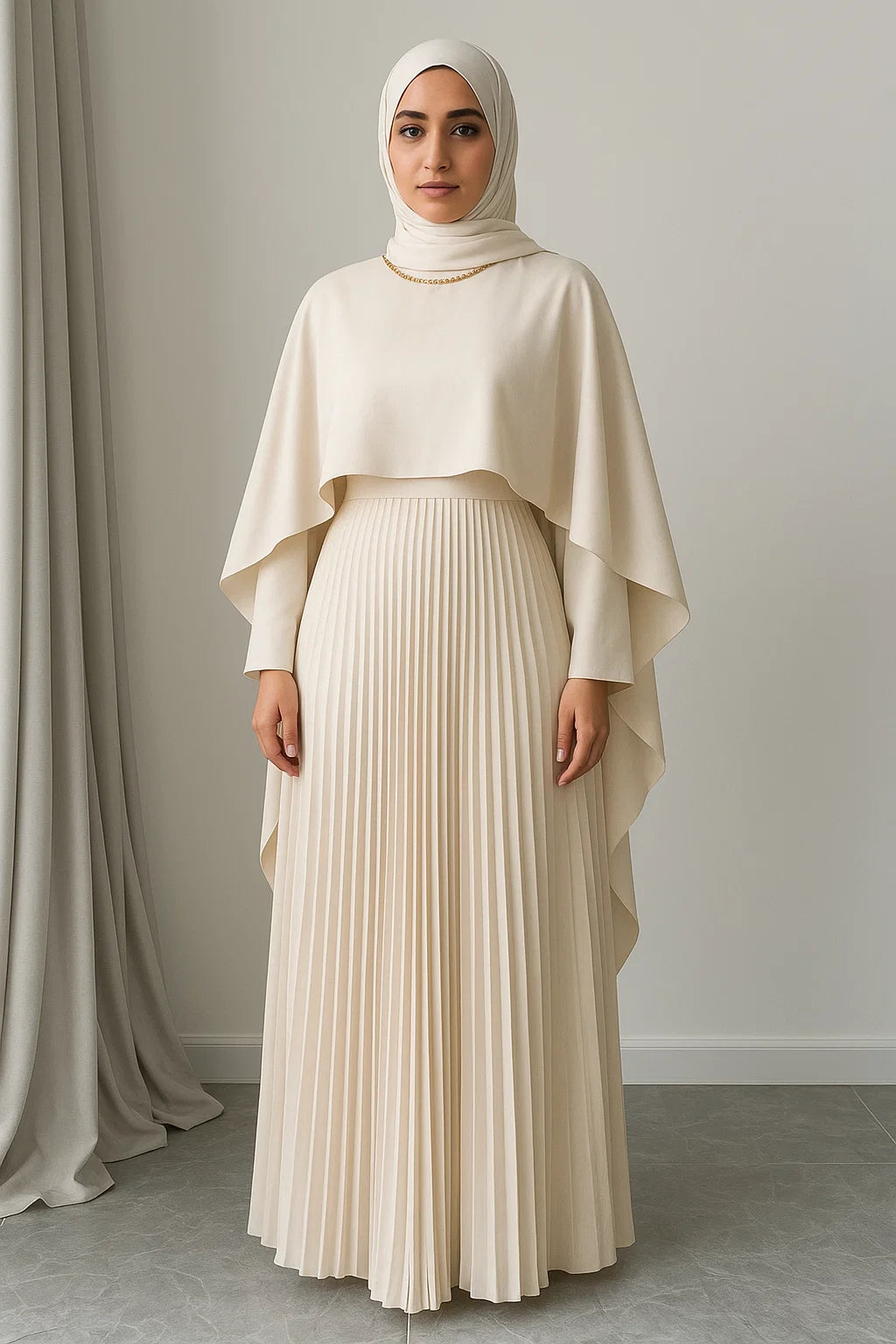 Cape Overlay Pleated Maxi Dress – Ivory