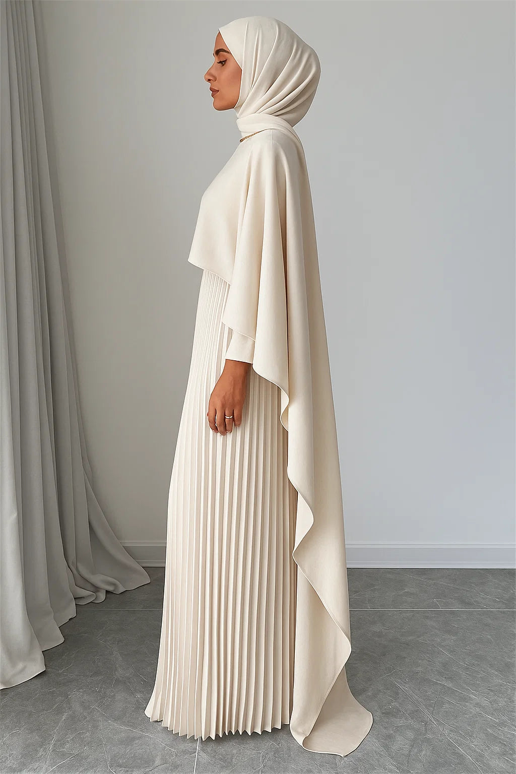 Cape Overlay Pleated Maxi Dress – Ivory