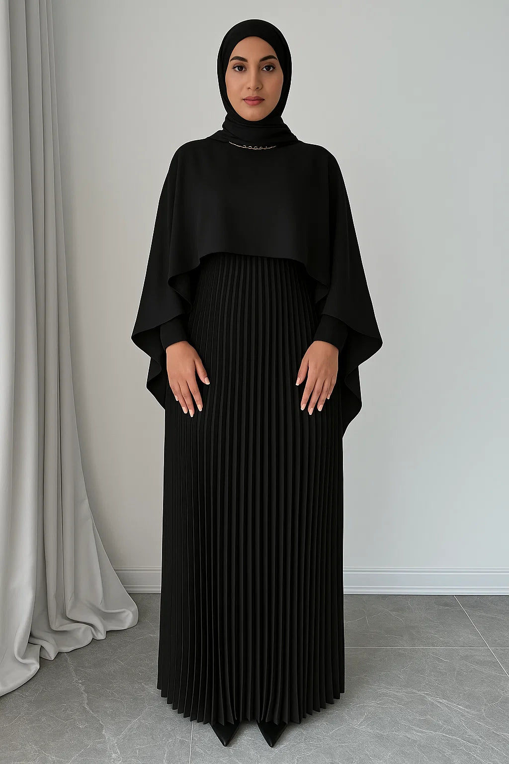 Cape Overlay Pleated Maxi Dress – Black