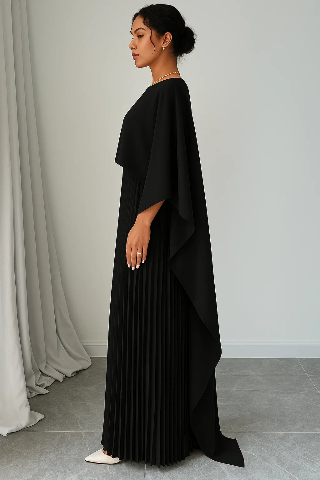 Cape Overlay Pleated Maxi Dress – Black