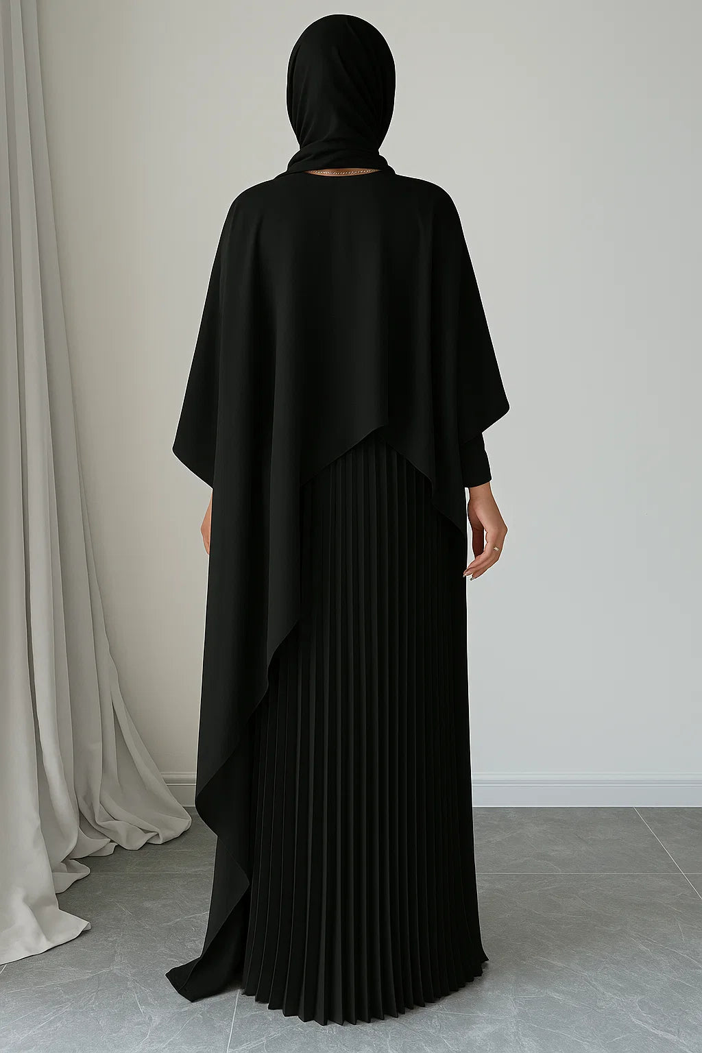 Cape Overlay Pleated Maxi Dress – Black