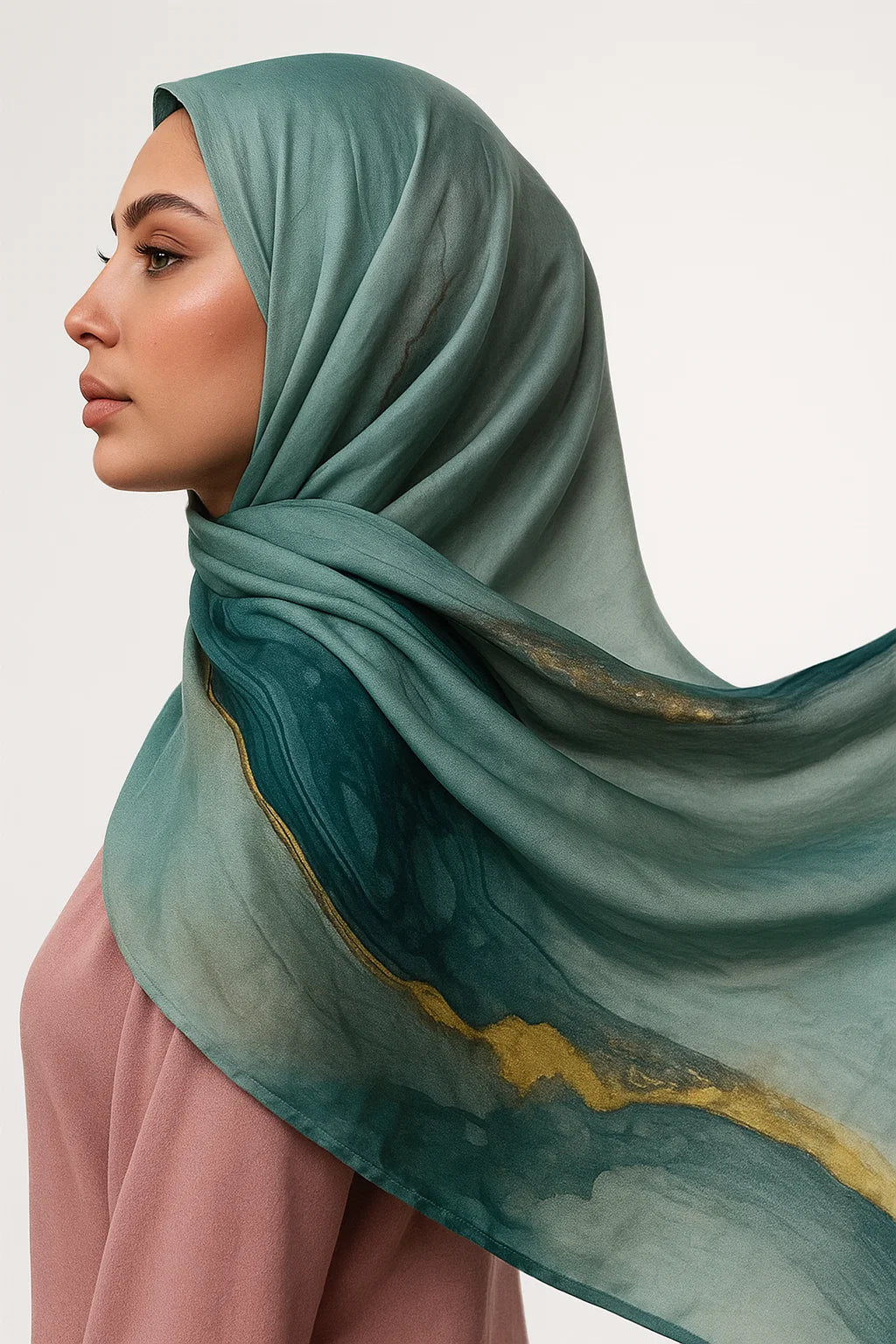 Marble Print Chiffon Hijab – Teal & Gold