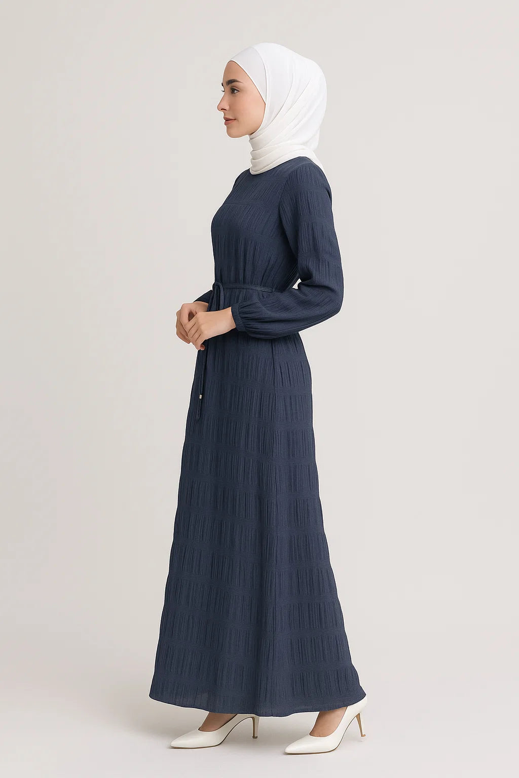 Textured Tie-Waist Maxi Dress – Slate Blue